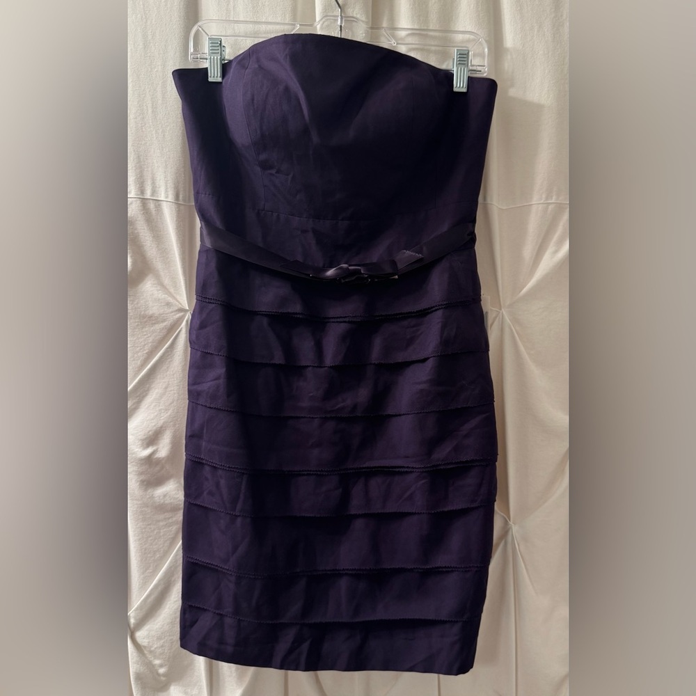 Glint NWT Strapless Mini Dress Silk Blend, Belt w/ Bow, Midnight Violet, Size 6